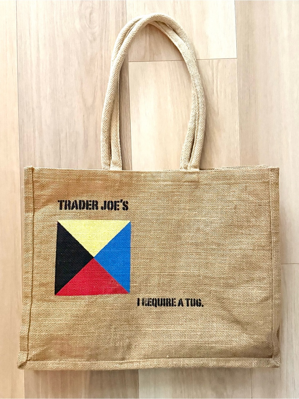 Vintage Trader Joe’s Burlap Tote Bag I Require A Tug Nautical Market Bag Rare